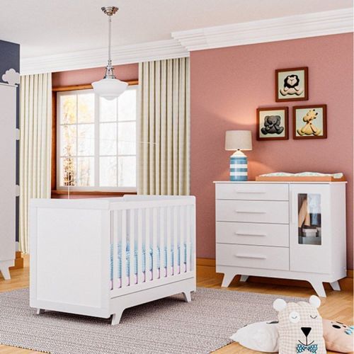 Quarto de Bebê Completo Berço Retrô com Cômoda 1 Porta com Janela em Acrílico Móveis Peroba Branco Brilho