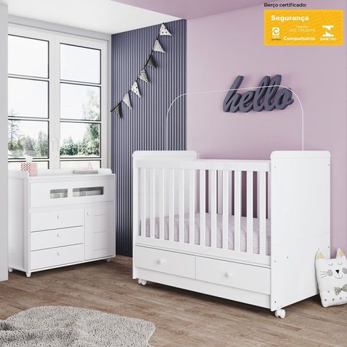 Quarto de Bebê Cômoda com Berço 3 em 1 Bolinha de Sabão Espresso Móveis Branco