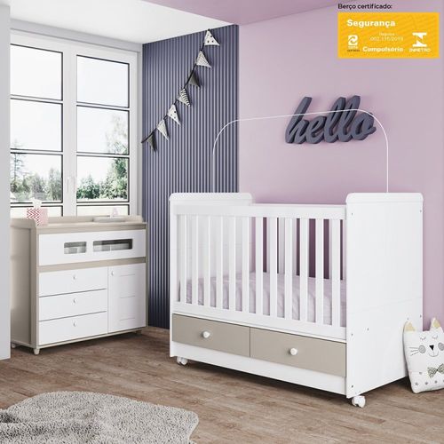 Quarto de Bebê Cômoda com Berço 3 em 1 Bolinha de Sabão Espresso Móveis Branco/Cristal