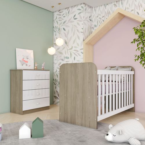 Quarto de Bebê Berço Mini Cama com Cômoda Sonho Encantado Espresso Móveis Rústico/Branco