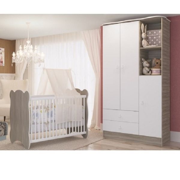 Quarto De Bebê Completo Berço Com Guarda Roupa 3 Portas 2 Gavetas 2 Nichos Algodao Doce Fresno/Branco