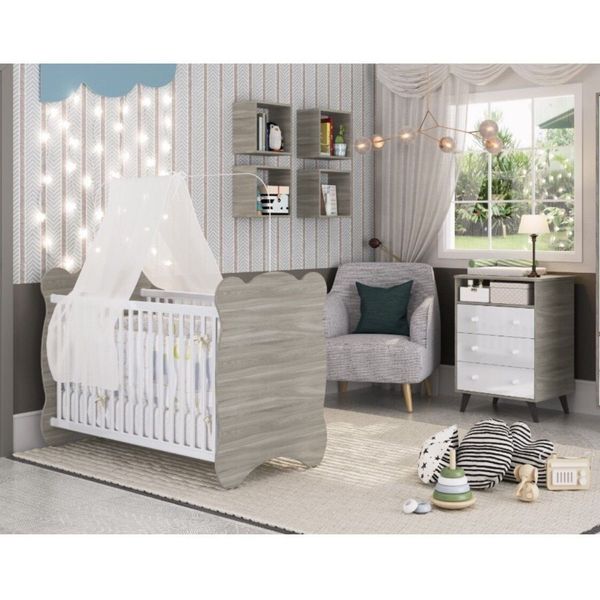 Quarto de Bebê Completo com 1 Berço e 1 Comoda Pipoca Fresno/Branco