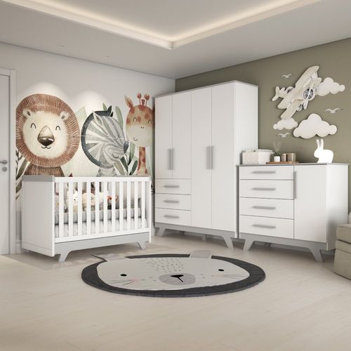 Quarto de Bebê com Cômoda Berço e Guarda Roupa 100% MDF Retrô Kakau Espresso Móveis Branco/Cinza Espresso Móveis Branco Brilho/Cinza
