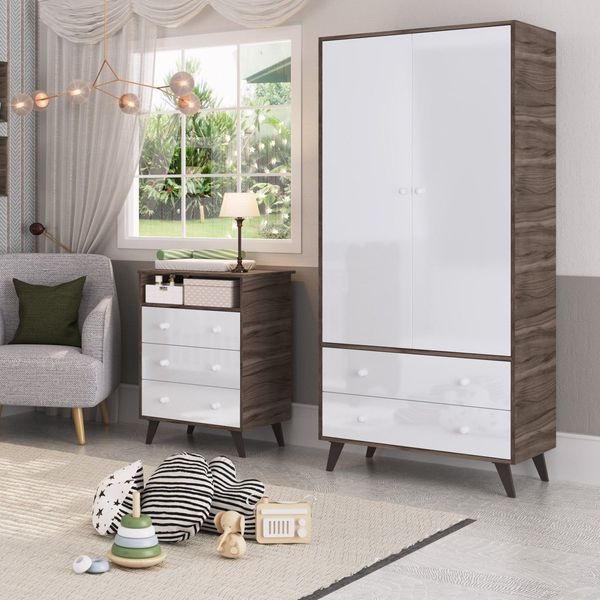 Quarto De Bebê Completo Guarda Roupa 2 Portas 2 Gavetas Com Cômoda 3 Gavetas 1 Nicho Nuvem Carvalho/Branco
