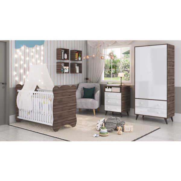 Quarto de Bebe Completo 3 Peças 1 Cômoda 1 Roupeiro 1 Berço Pipoca Carvalho/Branco