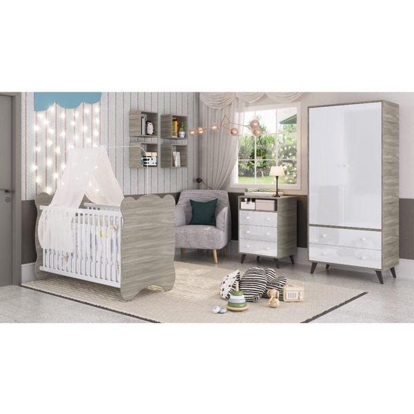 Quarto de Bebe Completo 3 Peças 1 Cômoda 1 Roupeiro 1 Berço Pipoca Fresno/Branco