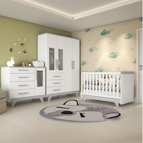 Quarto de Bebê Completo com Guarda Roupa com Janela Cômoda e Berço Kakau Espresso Móveis Branco Brilho/Cinza