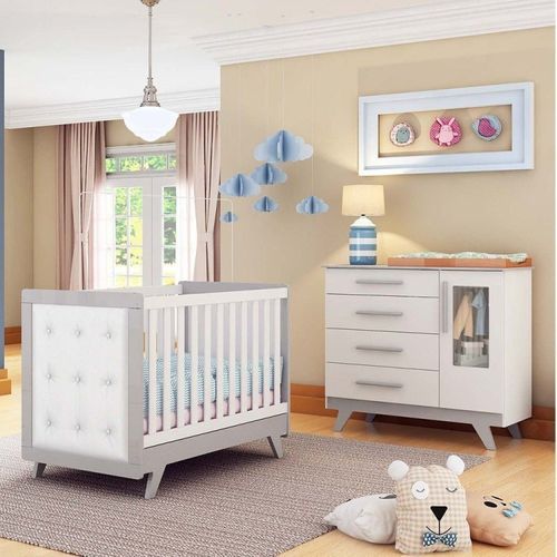Conjunto para Quarto de Bebê com Cômoda 1 Porta com Janela e Berço com Capitone Retrô Móveis Peroba Branco Brilho/Cinza/Corino Branco