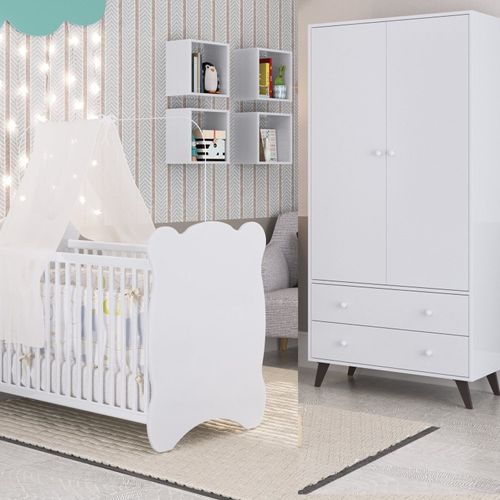 Quarto de Bebê Completo Berço com Roupeiro 2 Portas 2 Gavetas Estrela Móveis Percasa Branco