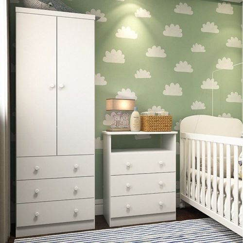 Quarto Infantil com Guarda Roupas 2 Portas 3 Gavetas e Cômoda 3 Gavetas Teka Espresso Móveis Branco Brilho