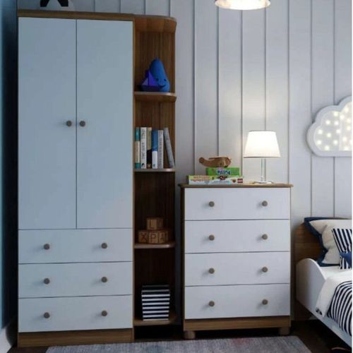 Quarto Infantil com Cômoda 4 Gavetas Guarda-Roupa 2 Portas e Prateleira Fofura Espresso Móveis Branco Brilho/Carvalho