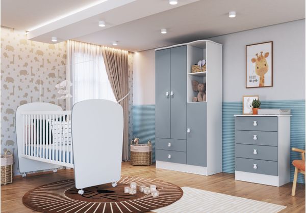 Quarto de Bebê Completo com 1 Berço 1 Cômoda 1 Guarda Roupa Arco-Íris Branco/Azul