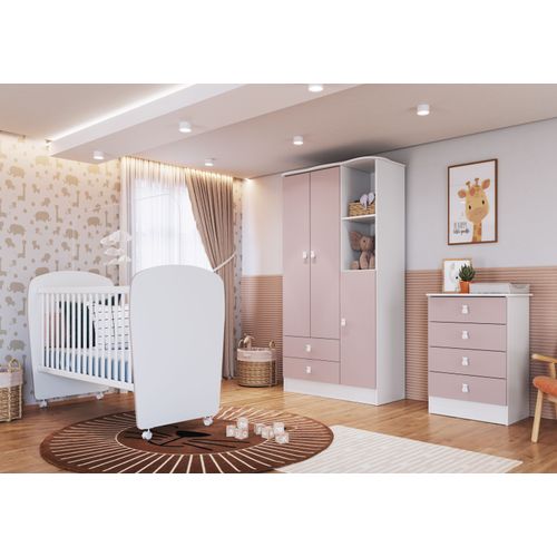Quarto de Bebê Completo com 1 Berço 1 Cômoda 1 Guarda Roupa Arco-Íris Móveis Percasa Branco/Rosa