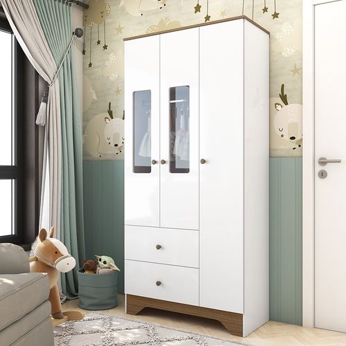 Guarda Roupa Infantil 3 Portas com Janelas Retangulo e 2 Gavetas 100% MDF Cocada Branco Brilho/Carvalho