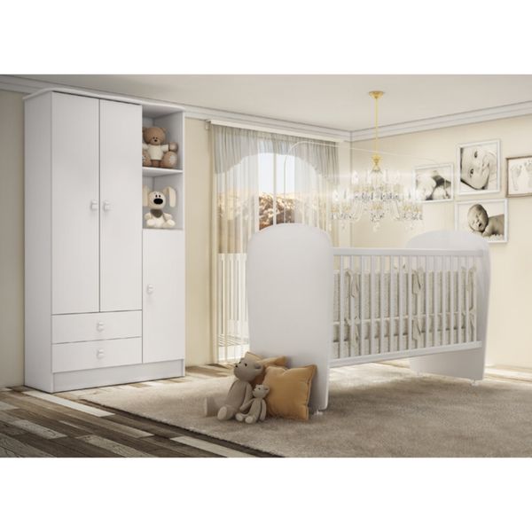 Quarto de Bebê Completo Guarda Roupa 3 Portas 2 Gavetas com Berço Arco-Íris Branco