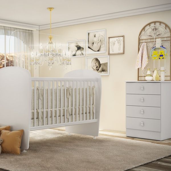 Quarto de Bebê Completo Cômoda 4 Gavetas com Berço Céu Branco