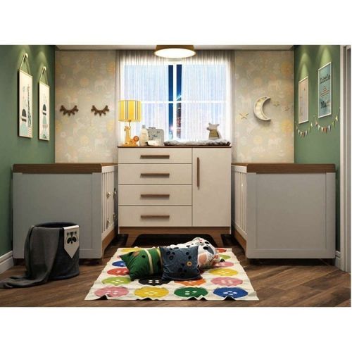 Conjunto para Quarto de Bebê Irmãos Cômoda e 2 Berços Retrô Móveis Peroba Branco Brilho/Carvalho