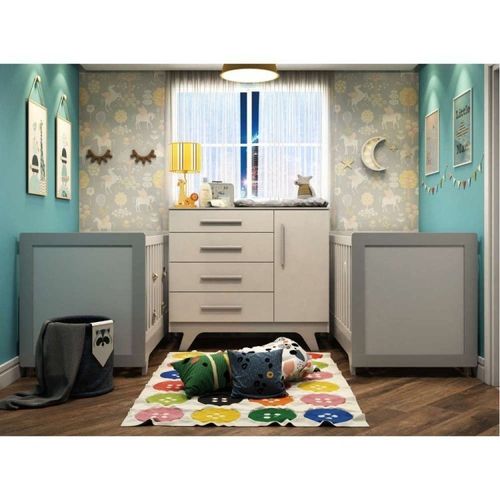 Conjunto para Quarto de Bebê Irmãos Cômoda e 2 Berços Retrô Móveis Peroba Branco Brilho/Cinza