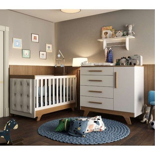 Conjunto para Quarto de Bebê com Cômoda de Bebê Berço com Capitone e Prateleira Retrô Móveis Peroba Branco Brilho/Carvalho/Corino Branco