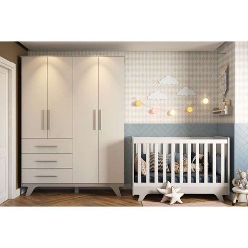 Quarto de Bebê com Guarda Roupa 4 Portas 3 Gavetas e Berço Retrô Móveis Peroba Branco Brilho/Cinza
