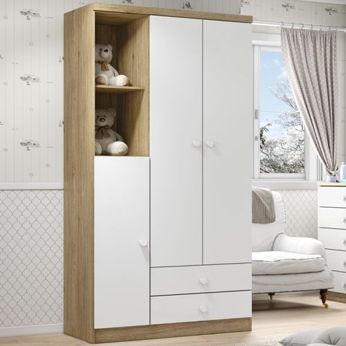 Guarda Roupa de Bebe 3 Portas 2 Gavetas 2 Nichos Pique-Esconde Marrom/Rústico/Branco Rústico/Branco