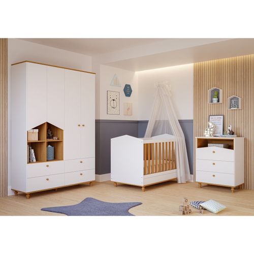 Quarto de Bebê Berço Cômoda 3 Gavetas Guarda Roupa 4 Portas 4 Gavetas Bala de Goma Espresso Móveis Branco/Nature