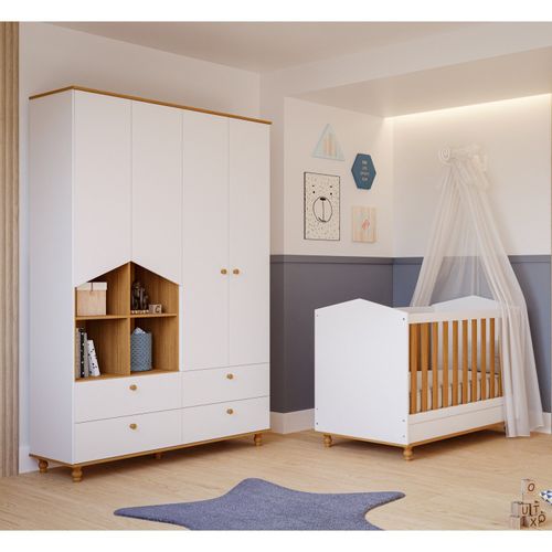 Quarto de Bebê com Berço e Guarda Roupa 4 Portas 4 Gavetas Bala de Goma Espresso Móveis Branco/Nature