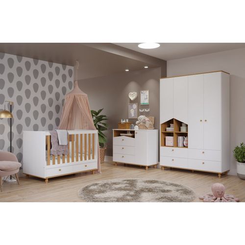 Quarto de Bebê Berço 2 Gavetas Cômoda 3 Gavetas 1 Porta Guarda Roupa 4 Portas 4 Gavetas Picolé Espre Branco/Nature