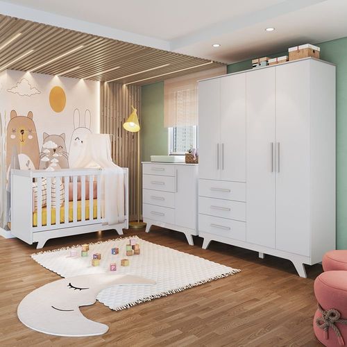 Quarto de Bebê Completo com Guarda Roupa Cômoda e Berço 100% MDF Kakau Retrô Espresso Móveis Branco