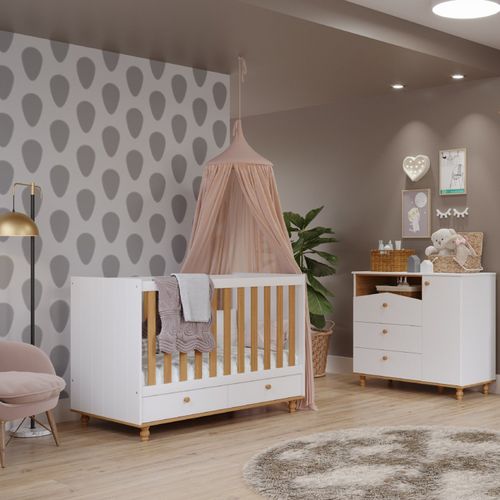 Quarto de Bebê com Berço e Cômoda 3 Gavetas 1 Porta Picolé Espresso Móveis Branco/Nature