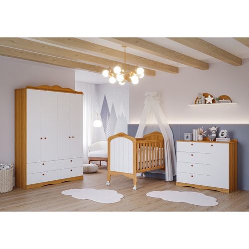 Quarto de Bebê Provençal Berço Cômoda 4 Gavetas Guarda Roupa 4 Portas 4 Gavetas Aquarela Espresso Nature/Branco