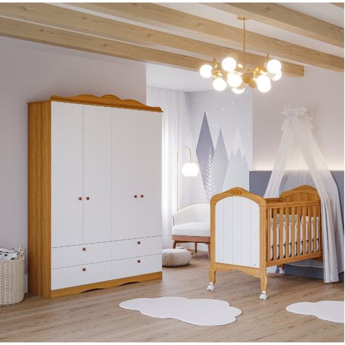 Quarto de Bebê com Berço e Guarda Roupa 4 Portas 4 Gavetas Aquarela Espresso Móveis Nature/Branco