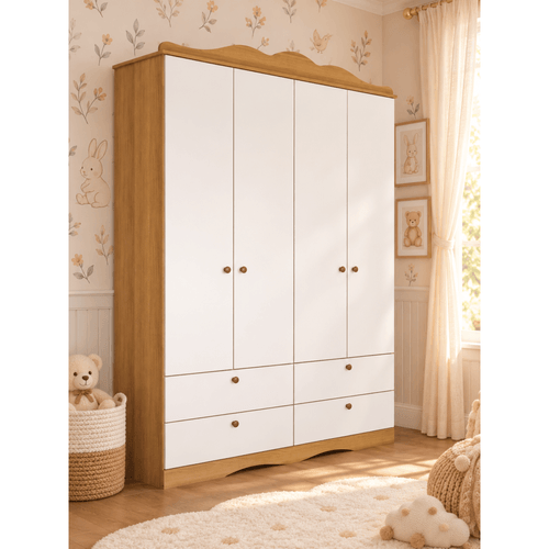 Guarda Roupa de Bebê 4 Portas 4 Gavetas Aquarela Espresso Móveis Bege/Nature/Branco Nature/Branco
