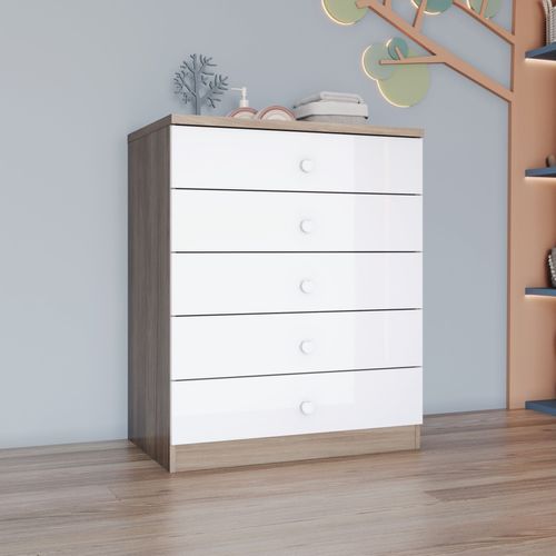 Cômoda Infantil 5 Gavetas Faz De Conta Espresso Móveis Rústico/Branco