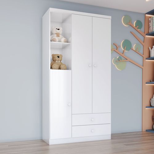 Guarda Roupa Infantil 3 Portas 2 Gavetas 2 Nichos Lápis de Cor Espresso Móveis Branco/Rosa Chá
