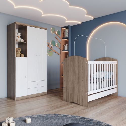 Quarto de Bebê Compacto com Berço e Guarda Roupa Lápis de Cor Espresso Móveis Rústico/Branco