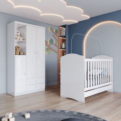 Quarto de Bebê Compacto com Berço e Guarda Roupa Lápis de Cor Espresso Móveis Branco e Branco/Rosa Chá