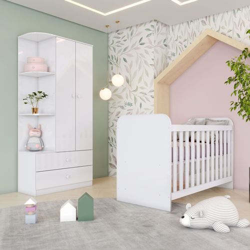 Quarto de Bebê Compacto com Berço e Guarda Roupa Sonho Encantado Espresso Móveis Branco
