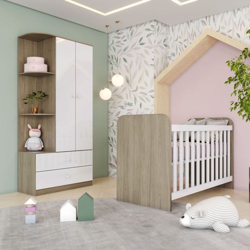 Quarto de Bebê Compacto com Berço e Guarda Roupa Sonho Encantado Espresso Móveis Rústico/Branco