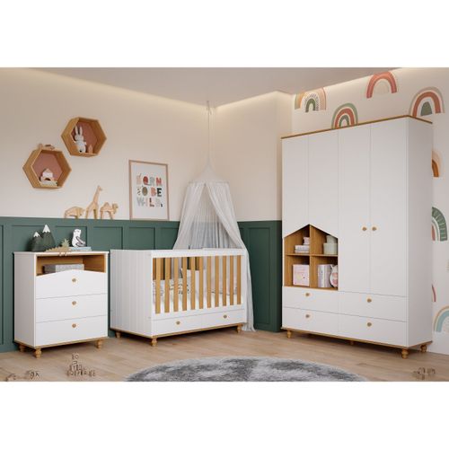 Quarto de Bebê com 1 Berço 1 Cômoda 3 Gavetas e 1 Guarda Roupa 4 Portas 4 Gavetas Picolé Espresso Mó Branco/Nature