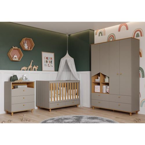 Quarto de Bebê com 1 Berço 1 Cômoda 3 Gavetas e 1 Guarda Roupa 4 Portas 4 Gavetas Picolé Espresso Mó Fendi/Nature