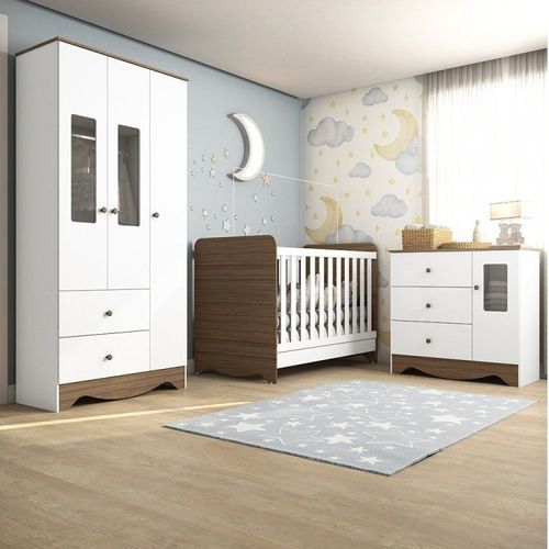 Quarto de Bebê Completo com Guarda Roupa e Cômoda com Janelas e Berço Americano Ben Móveis Peroba Branco Brilho/Carvalho