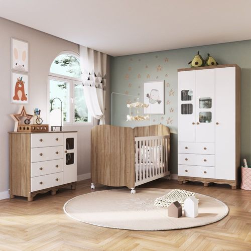 Quarto de Bebê Completo com Guarda Roupa 3 Portas com Janelas Cômoda e Berço 100% MDF Mimo Espresso Móveis Branco Brilho/Carvalho