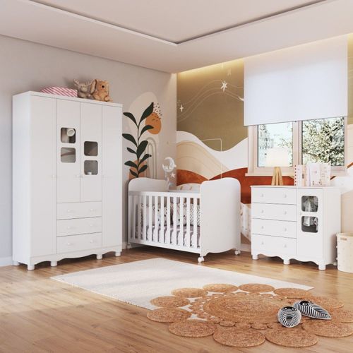 Quarto de Bebê Completo com Guarda Roupa 4 Portas com Janelas Cômoda e Berço 100% MDF Mimo Espresso Móveis Branco Brilho