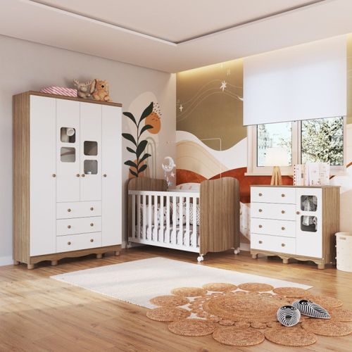 Quarto de Bebê Completo com Guarda Roupa 4 Portas com Janelas Cômoda e Berço 100% MDF Mimo Espresso Móveis Branco Brilho/Carvalho