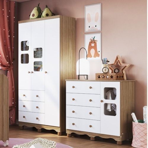 Quarto Infantil com Guarda Roupa 3 Portas 3 Gavetas e Cômoda 1 Porta 4 Gavetas Mimo Espresso Móveis Branco Brilho/Carvalho
