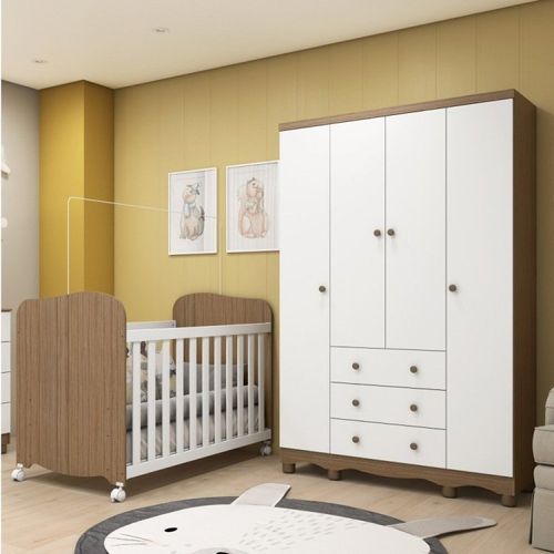 Conjunto para Quarto de Bebê 1 Berço Americano Uli 1 Guarda Roupa Júnior Móveis Peroba Branco Brilho/Carvalho