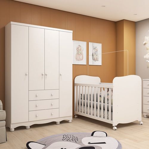 Conjunto para Quarto de Bebê 1 Berço Americano Uli 1 Guarda Roupa Júnior Móveis Peroba Branco Brilho