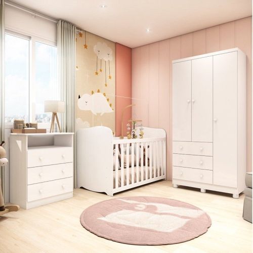 Quarto de Bebê Completo com Guarda Roupa 3 Portas Cômoda e Berço Pega-Pega 100% MDF Espresso Móveis Branco Brilho