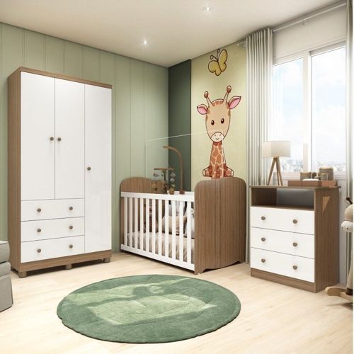 Quarto de Bebê Completo com Guarda Roupa 3 Portas Cômoda e Berço Pega-Pega 100% MDF Espresso Móveis Branco Brilho/Carvalho